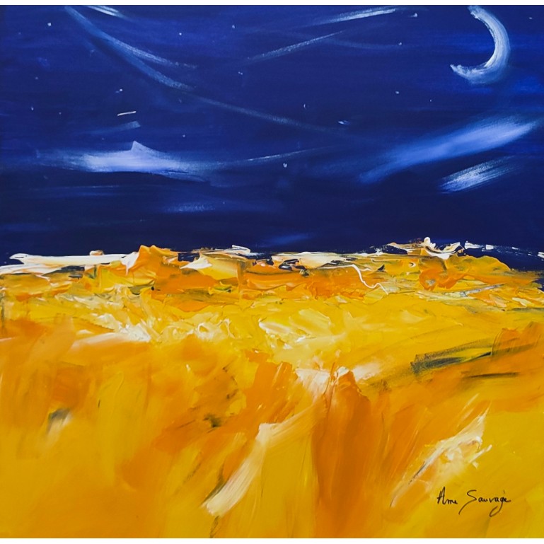 tableau abstrait bleu jaune lune