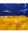 tableau abstrait bleu jaune lune