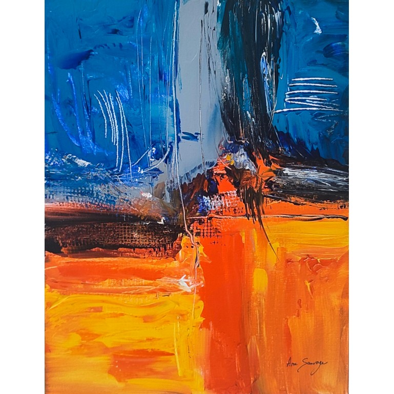 tableau abstrait orange et bleu