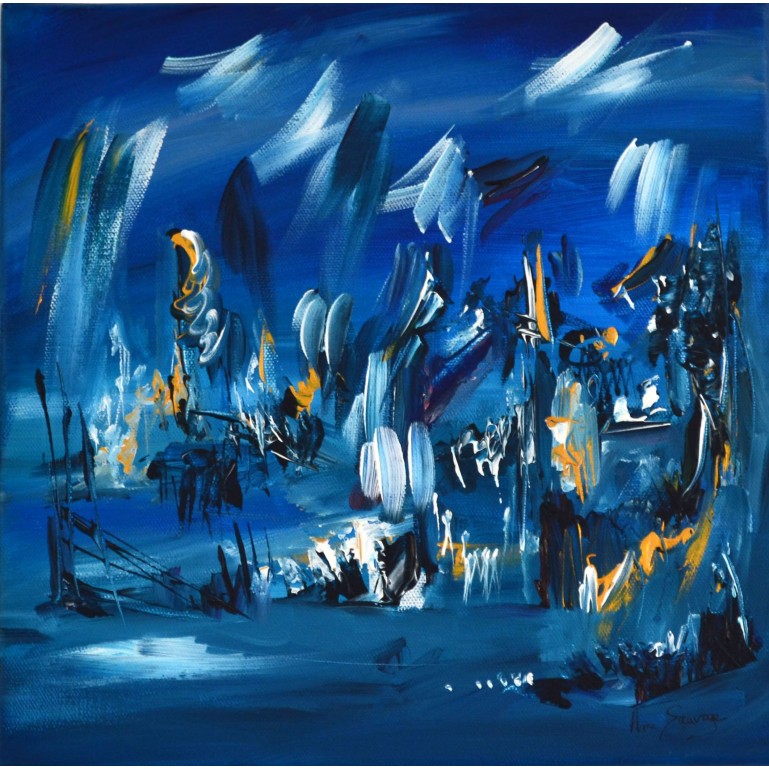 Grand tableau abstrait moderne bleu : tableau contemporain d