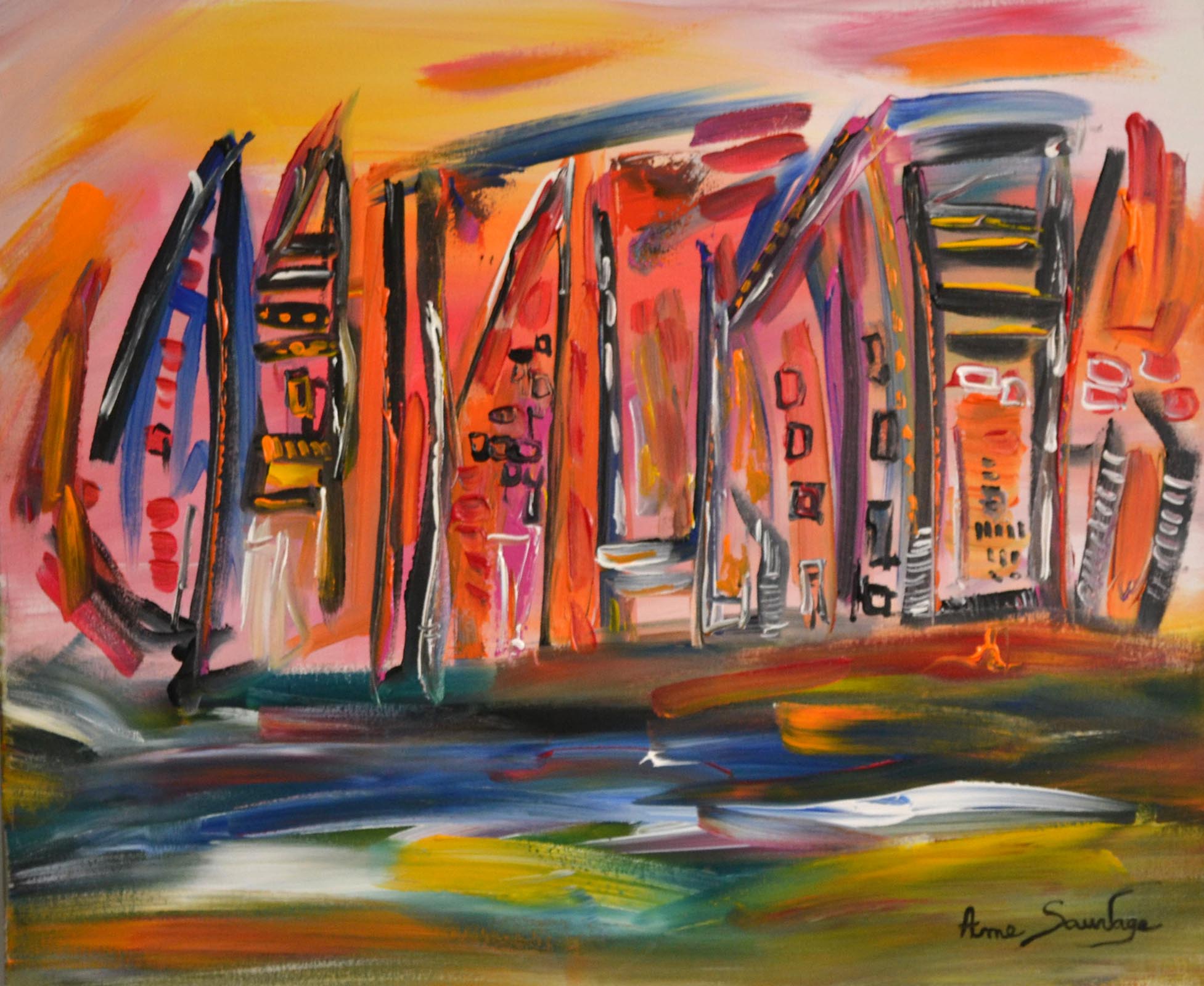 peinture abstraite avec maisons  multicolores