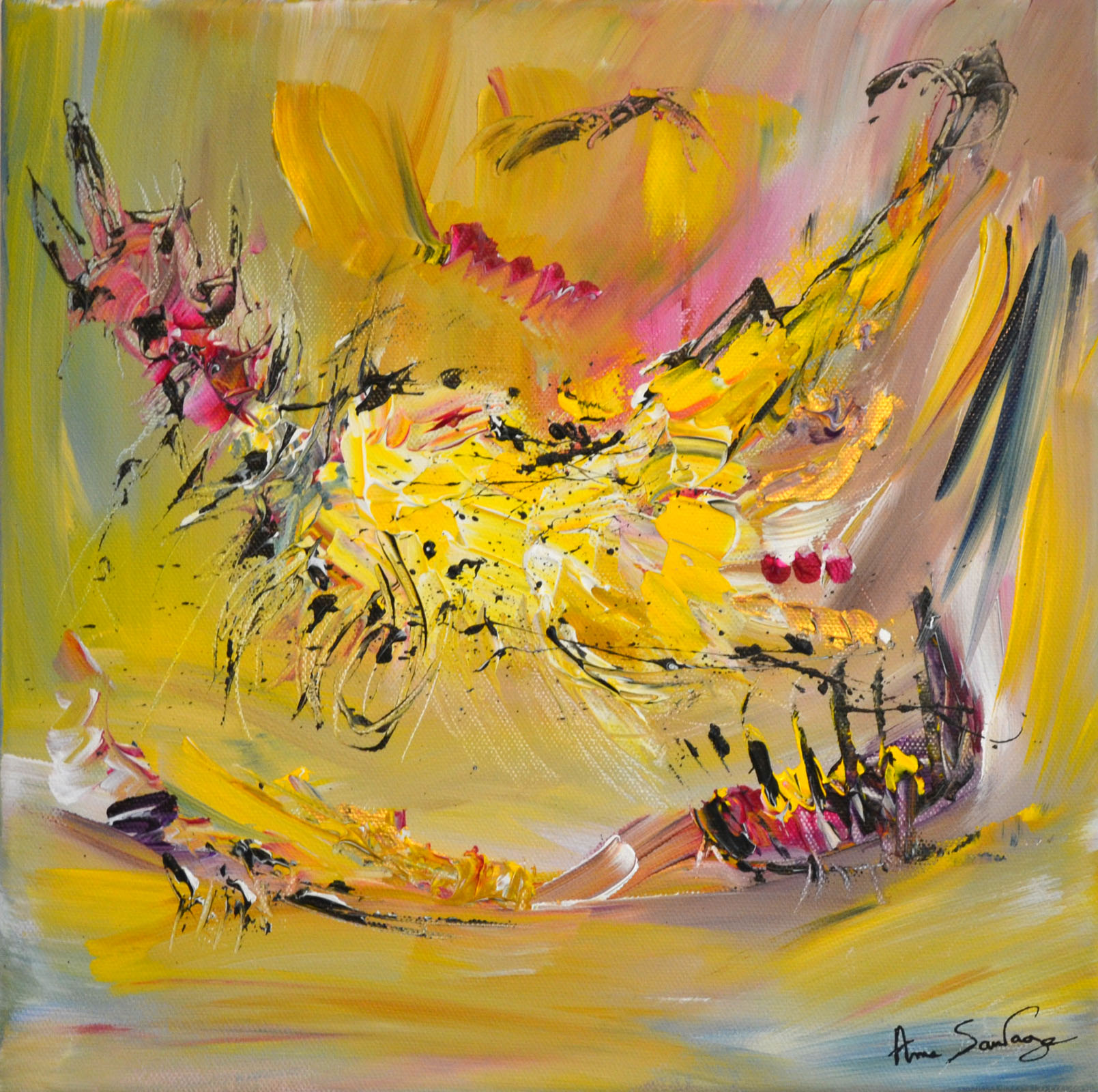 Peinture abstraite  contemporaine jaune  format 30 x 30 cm