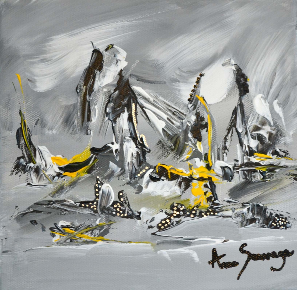 Tableau abstrait contemporain gris noir blanc jaune argent